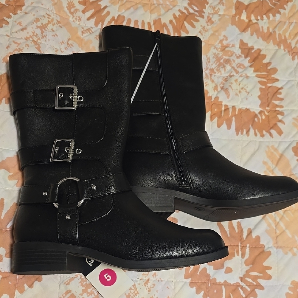 Art Class Black Combat Moto Boots with Buckle Straps
